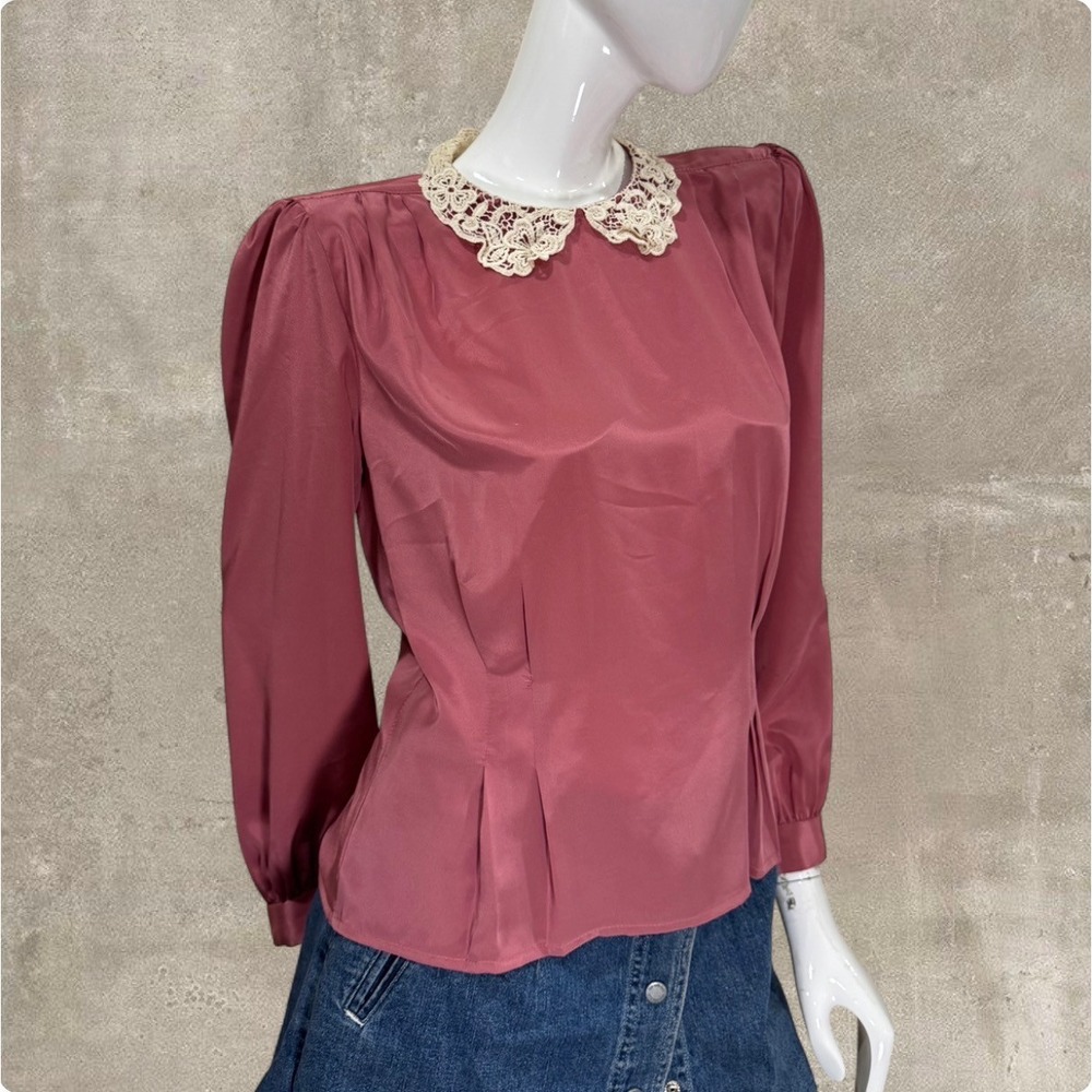 Vintage 80s Jonathan Martin Satin Lace Collar Blouse Pink Romantic Top USA 6